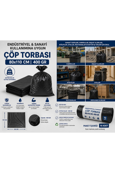 AĞIR SANAYİ TİPİ ÇÖP TORBASI 10lu 5 Paket Ebat : 80cmx110cm 1 Adet Rulo 400GR