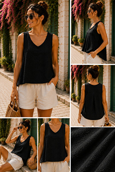 SELGORA Patterned V-Neck Sleeveless Blouse – Loose Fit Casual Summer Women's ...