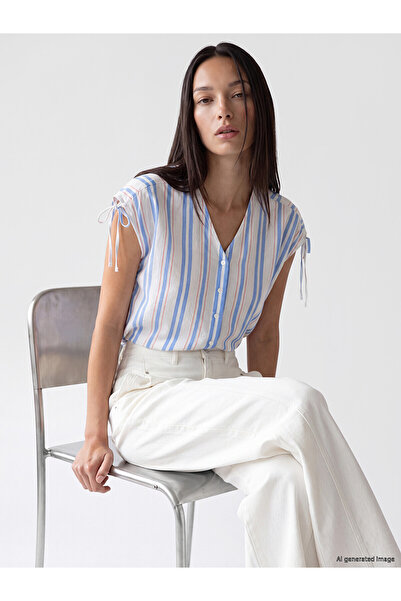 LC Waikiki Trendlucky V-Neck Striped Lace-Up Blouse with Difference