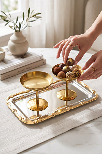 ÖzSa Home Stainless Steel 2-Piece Footed Bowl with Luxurious Patterned Tray P...
