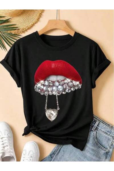 23ERVA Red Lips Rhinestone Graphic Glam T-Shirt, Sparkly Lip Print Shirt, Wom...