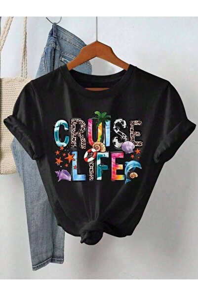 23ERVA Women "Cruise Life" Vibe Letter Print Short Sleeve Crew Neck Summer Sh...