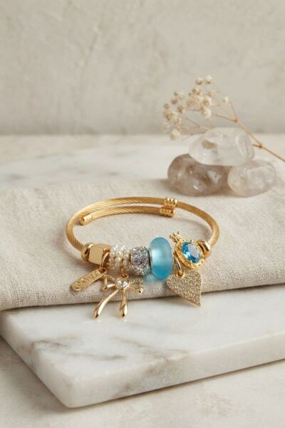 norsary Bow and Heart Blue Charm Bracelet