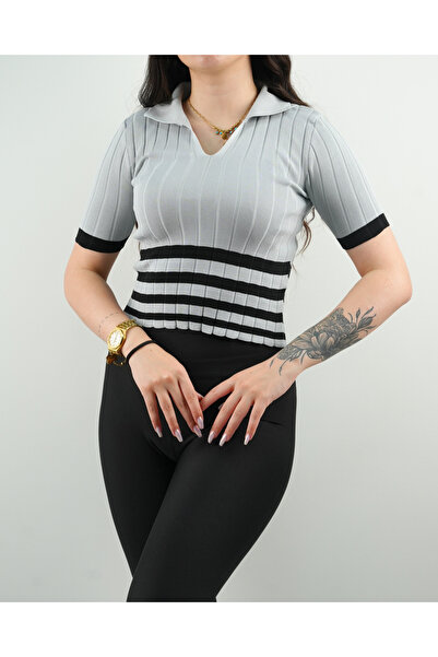 MODAMIZ SENSİN POLO YAKA ALTI ÇİZGİLİ TRİKO CROP
