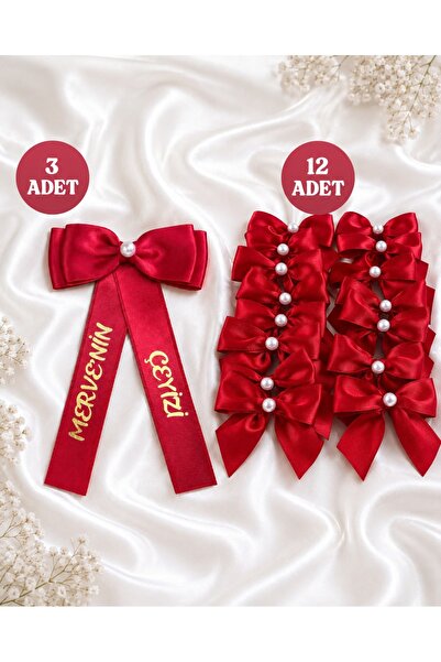 EvremStore Kırmızı Saten Fiyonk Kurdele 15'li Set, Kişiye Özel Gold Baskılı İ...