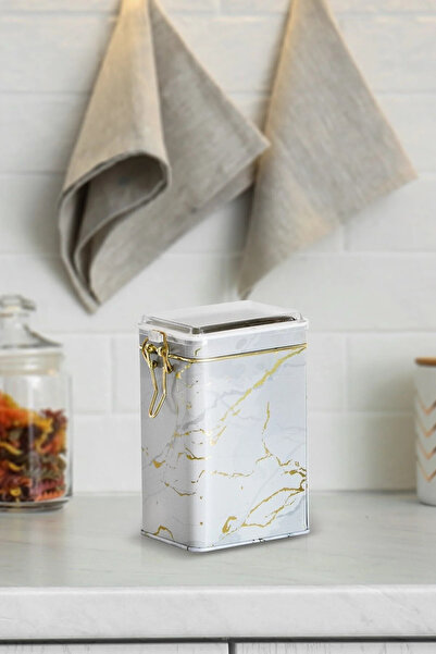 Evle Exclusive Marble White Patterned Metal Storage Container, 8 X 10 Cm, Kit...