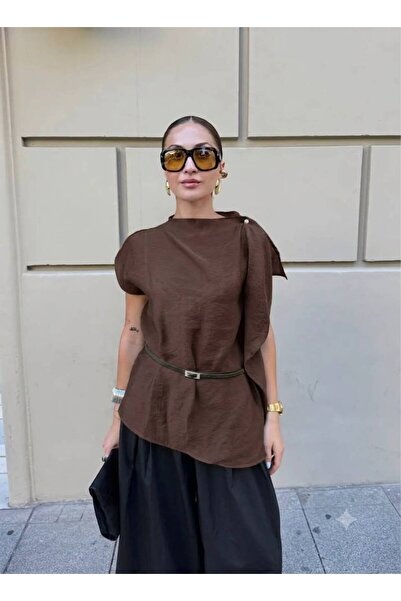 MAESTRO WOMAN Ženska smeđa asimetrična bluza od liocela sa pojasom