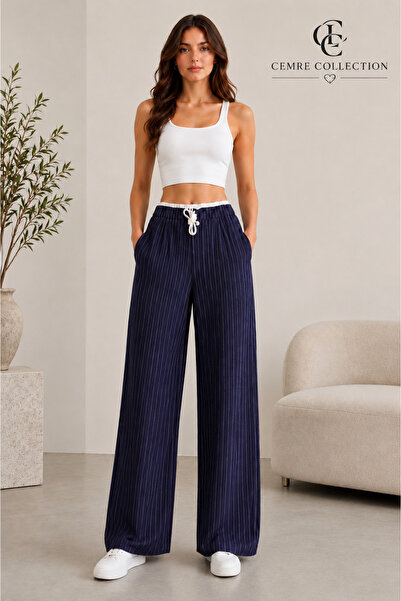 Cemre Collection Bezayağı beli satenli beyaz çizgili bol paça pantolon