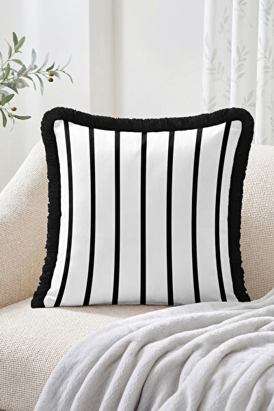 Realhomes Minimal Patterned Fringed Throw Pillow Cover with Vertical Stripes ...