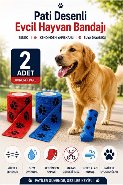İndirimKap 2 Adet Esnek ve Suya Dayanıklı Pati Desenli Evcil Hayvan Bandajı Y...