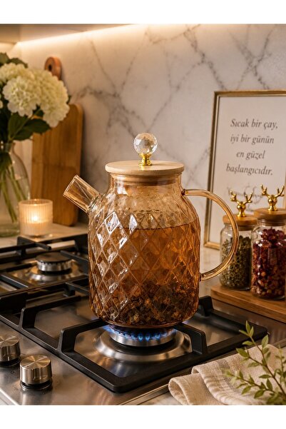 Qerhome Fire-Resistant Borosilicate Glass Teapot 1800 ml – Amber Glass Jug wi...