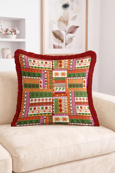 Realhomes Ethnic Geometric and Patchwork Pattern Throw Pillow Cover with Frin...