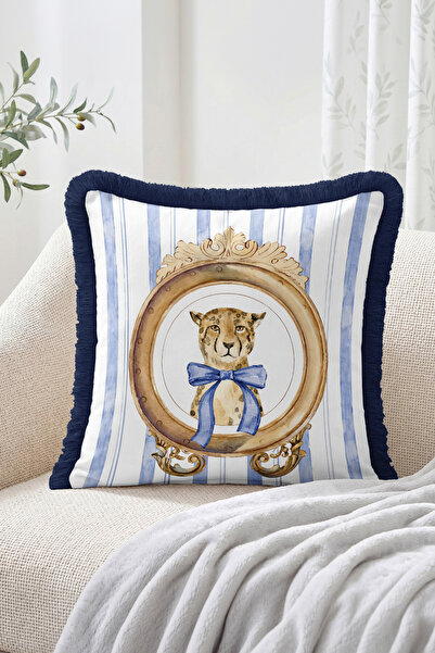 Realhomes Striped Patterned Fringed Throw Pillow Cover with Bow and Cheetah P...