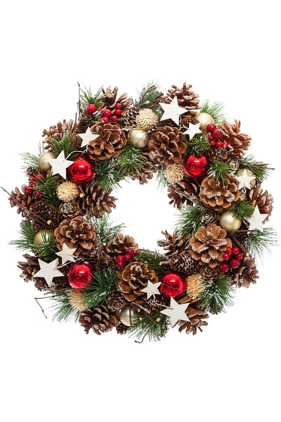 RADIONAT , Decorative wreath with leaves and cones, diameter 35 cm, multicolor