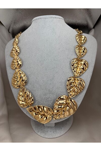ZS Aksesuar Women's Gold Leaf Figured Statement Necklace Large Tropical Leaf ...