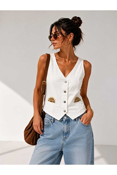 Yumey White Stone Embellished Buttoned Women's Vest