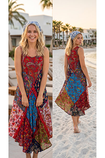 bohostyle.ro Rochie Lungă din Voal Fin cu Imprimeu Patchwork, Căptușită și Cr...
