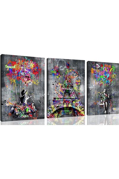 HOME MODE Eiffel Tower Graffiti Canvas Wall Art | 30x40 Inches 3 Panel Set | ...
