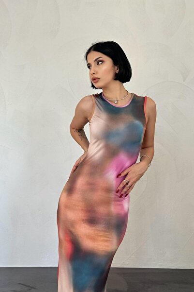 oniks store Beige Batik Patterned Dress