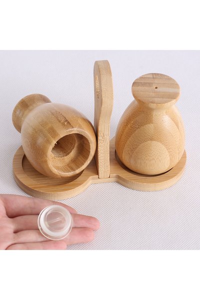 ESERO Bamboo Salt and Pepper Shaker Set with Handle and Stand – Natural Bamboo Spice Containers