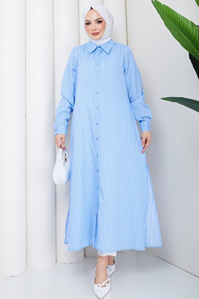 comstar Women's Buttoned B.Blue Striped Hijab Shirt Dress
