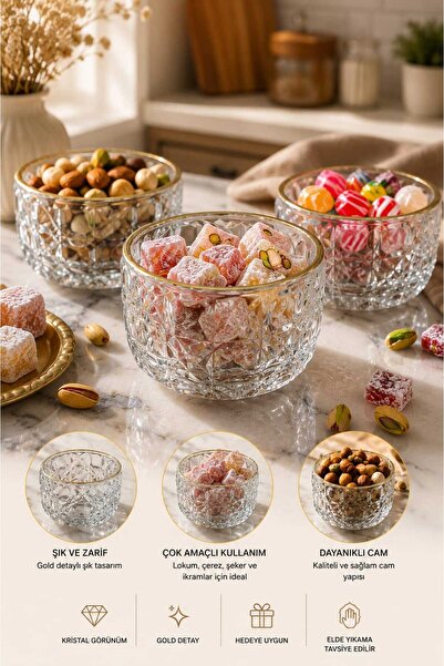 zaTen Pazar Gold Detailed Rio Bowl Crystal Glass Snack Bowl / Turkish Delight...