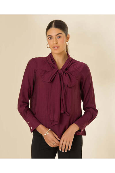 REDTAG Women Burgundy Plain Tie Neck Long Sleeve Blouse