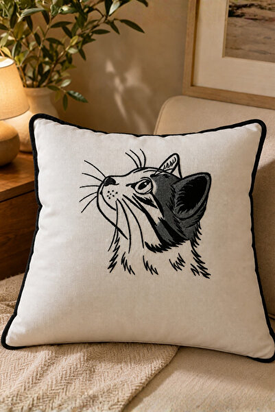 Elegancembroidery Kedi Nakışlı Keten Kırlent Kılıfı 42x42 cm | Siyah Biyeli D...