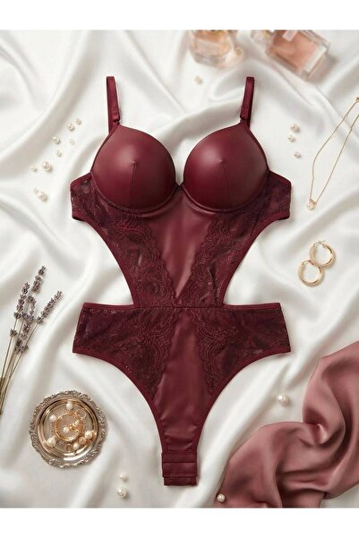 Lavishh Le Amour Kadın Bordo Dantel Detaylı Destekli Bodysuit