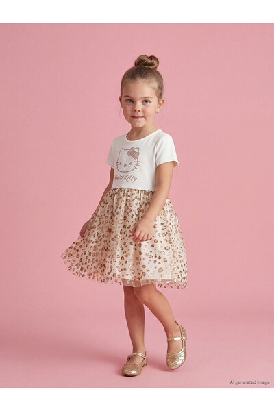 LC Waikiki Nevavm Oval Collar Hello Kitty Printed Girl's Dress with a Difference