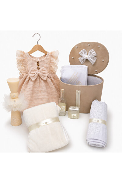 kizu Set de botez crem pentru fetițe cu rochie elegantă și lumânare cu pene