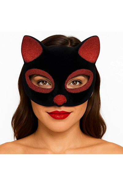 evimdeyokyok Black Color Red Glitter Suede Coated Cat Mask 18X14 cm