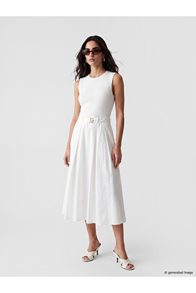 LC Waikiki Original Oval Neck Belted Pleated Dress
