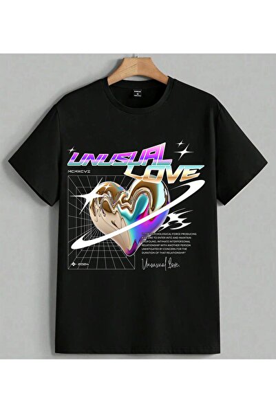 ELFERA Tricou oversize unisex cu imprimeu în degrade, Unusual Love D, negru