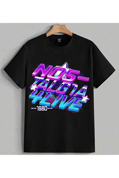 ELFERA Nostalgia Retro D Neon Gradient T-shirt majica unisex oversize crna
