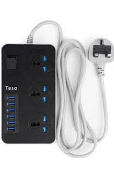 Generic شريط طاقة أسود اللون يحتوي على 3 مقابس عالمية و 6 منافذUSB