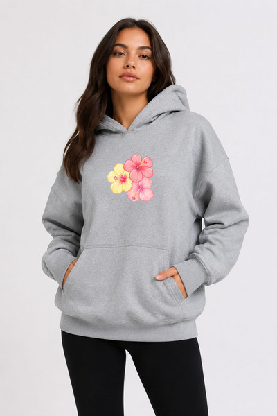 herkesemoda Floral Printed Hooded 2 Thread Threaded Sweatshirt
