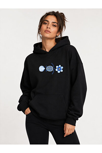 herkesemoda Sea Themed Turtle Printed Hooded 2 Thread Threaded Sweatshirt