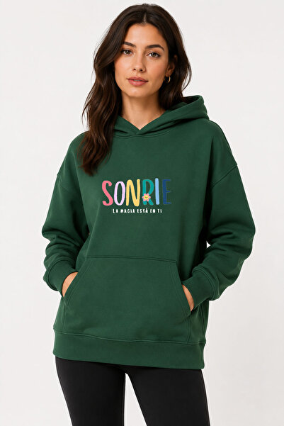 herkesemoda Sonrie Printed Hooded 2 Thread Raster Sweatshirt
