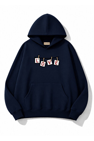 herkesemoda Love Printed Hooded 2 Thread Threaded Sweatshirt