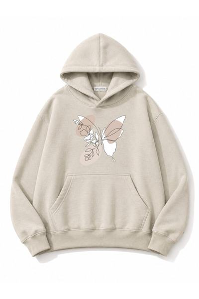 herkesemoda Butterfly Printed Hooded 2 Thread Threaded Sweatshirt