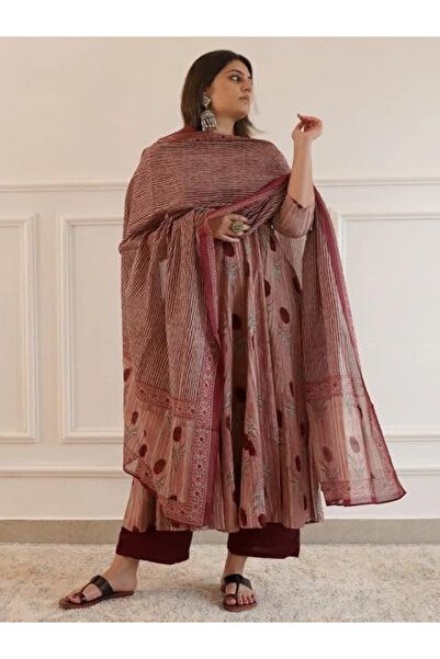 MYSMAR Maroon & Brown Floral Printed Viscose Rayon A-Line Kurta Set - ALV2051...