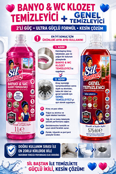 SİL BAŞTAN Banyo Wc 1 Litre 1 adet , Genel Temizleyici Leke Çıkarıcı 585 ml 1...
