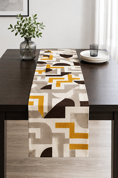 Bebişim Halı Mustard Yellow Brown Geometric Patterned Modern Runner Tableclot...