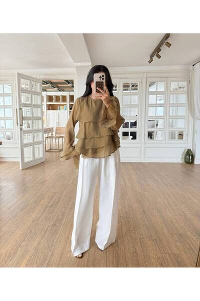Olbia Women's Khaki Ruffled Asymmetrical Tencel Blouse