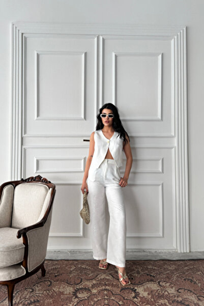 pazarella Linen Single Button Vest-Pants Suit - White