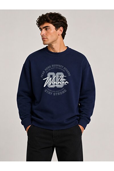 herkesemoda The Winner Print Detailed Crew Neck 2-Thread Sweatshirt