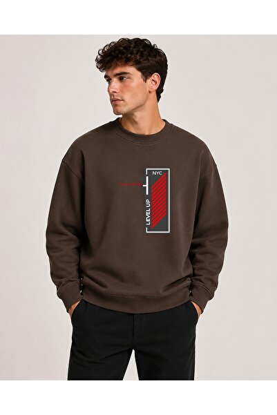 herkesemoda Level up Pattern Printed Crew Neck 2 Thread Sweatshirt