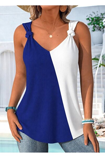 Simala Women's Strappy V-Neck Double Color Strappy Wrap Blouse with Lace-Up D...