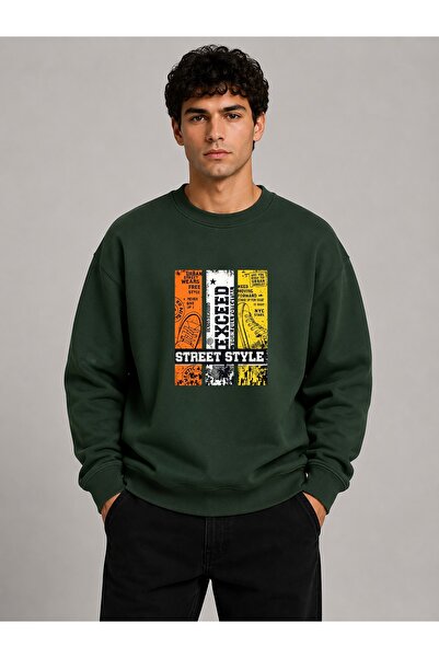 herkesemoda Exceed Print Detailed Crew Neck 2 Thread Sweatshirt